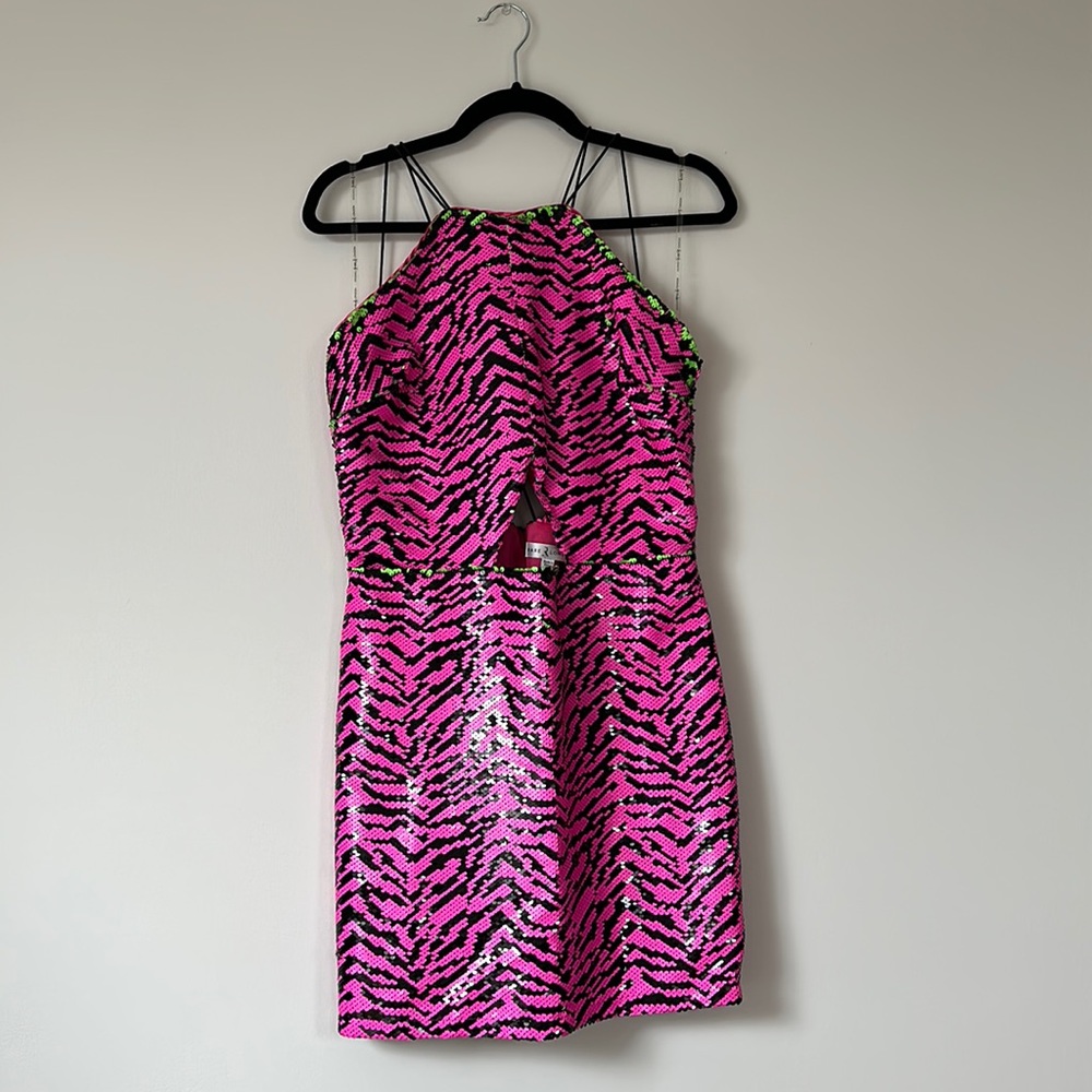 NWT Rare London Pink and Green Zebra Sequin Barbie Mini Dress